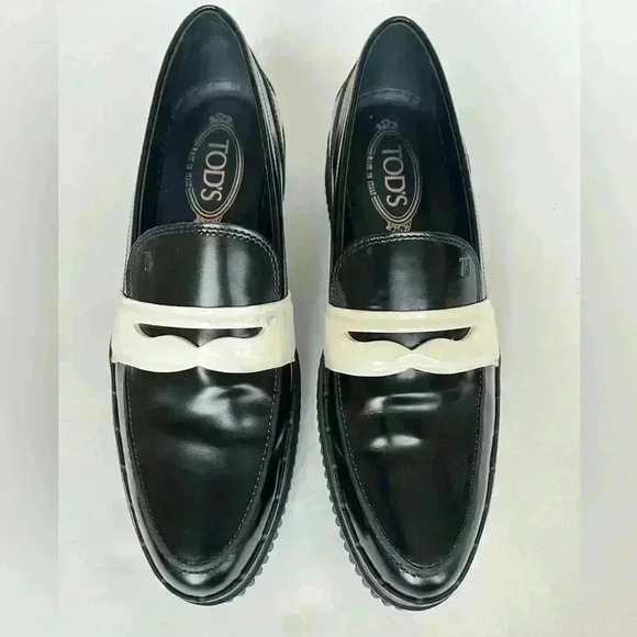 TODS Spazzolato Leather Black Platform White Penny Strap Loafer - Picture 1 of 11